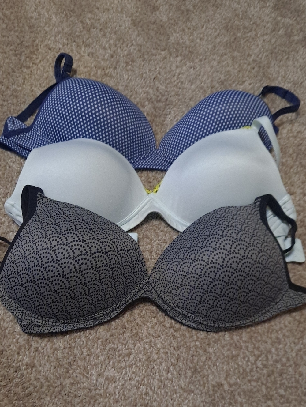 Women's Patterned and Solid Push-Up Bra Set -Dark Blue,loght Blue, Gray 36B/38B